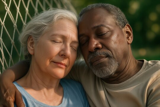 Senior Interracial Couple Relaxing Peacefully in Hammock under Summer Sunlight with Eyes Closed in Tranquil Garden Setting