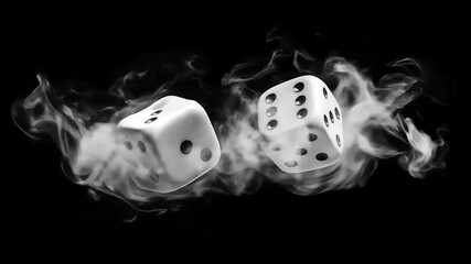 Two white dice rolling through a cloud of smoke against a black background, evoking excitement - Powered by Adobe