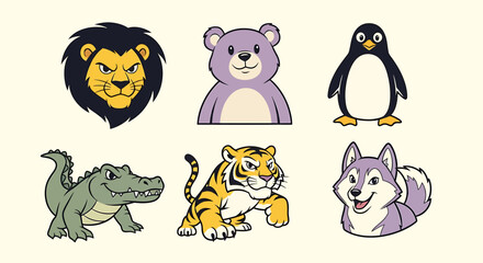 Vector Animal Cartoon Characters Set Featuring Lion Bear Penguin Crocodile Tiger and Husky in Modern Playful Style with Bright Colors for Kids and Entertainment Designs