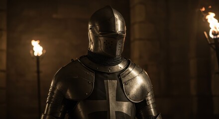 Medieval Knight in Full Armor Standing in a Dark Castle Hall Illuminated by Torches