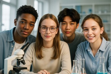 Curious Group of Teen Scientists Engaged in STEM Activities in Modern Lab with Microscopes and Beakers