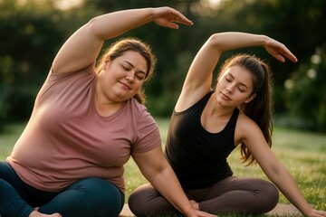 Plus Size Woman and Young Woman Practicing Yoga Outdoors at Sunrise in a Garden Setting with Relaxed Atmosphere