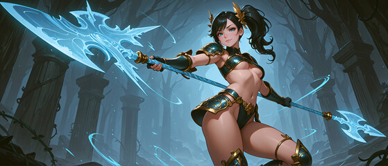 氷の槍を持った黒髪の美女　A beautiful black-haired woman holding an ice spear
