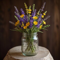 Lavender and Yellow Mason Jar Arrangement – Rustic Wedding or Home Decor