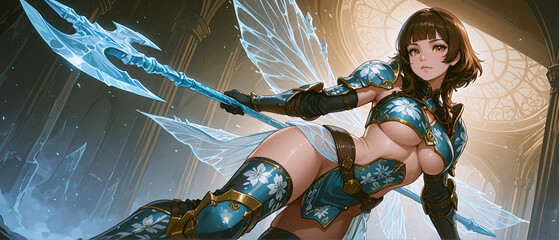氷の槍を持った妖精のような美女　A fairy-like beauty holding an ice spear
