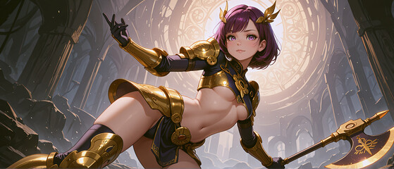 斧を持った紫の髪のアーマー美女　A beautiful purple-haired woman in armor holding an axe

