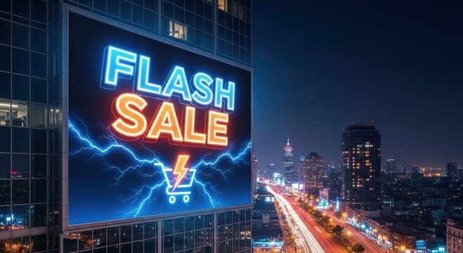 Neon flash sale sign illuminates cityscape at night