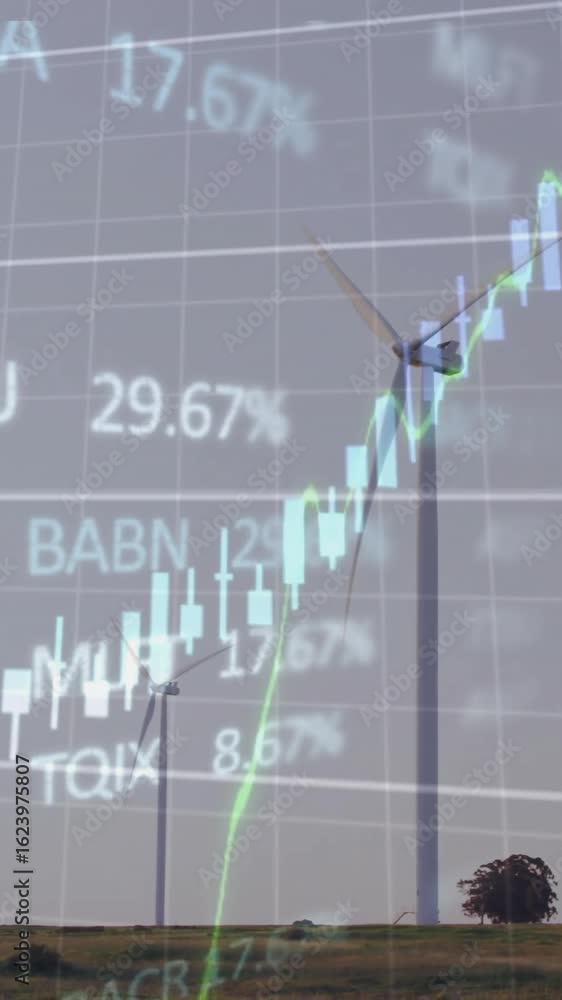 Poster animation of financial data processing over wind turbines