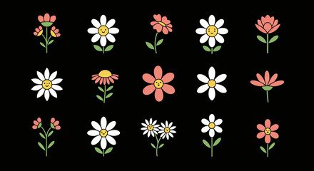 Minimalist Vector Pattern with Daisies and Pink Flowers in Organic Style for Floral Design