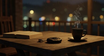 Rainy Night Comfort: A Warm Mug of Coffee and a Book on a Wooden Table