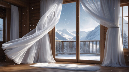 view of mountain peak with snow and ice from rustic cabin window floating curtain inside peaceful alpine wooden retreat scene interior nature winter landscape wallpaper background