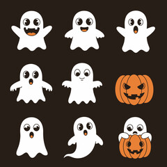 Vector Halloween Ghost and Pumpkins Pattern in Cute Cartoon Style with White Characters and Orange Pumpkins
