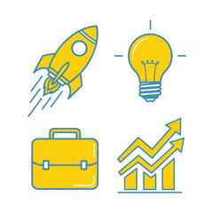Vector Illustration Set of Rocket Light Bulb Briefcase and Growth Chart in Modern Flat Style with Yellow and Blue Colors