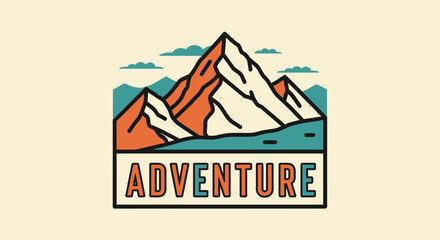Minimalist Vector Illustration of Mountain Scene with Adventure Text in Retro Style