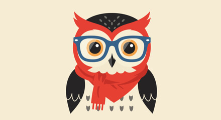 Vector Illustration of Cute Owl Character with Glasses and Red Scarf in Modern Cartoon Style