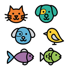 Vector Cartoon Animal Icons Set with Dog Cat Bird Fish Style in Bright Colors for Kids and Educational Design