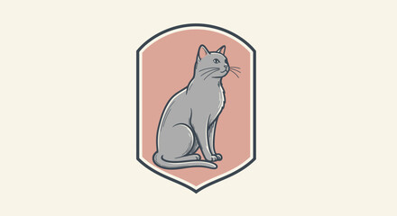 Minimalist Vector Illustration of Sitting Cat with Shield Badge Design Style in Neutral Colors