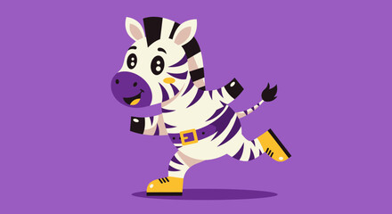 Playful Cartoon Zebra Vector Illustration in Modern Style with Bright Purple Yellow and Black Colors