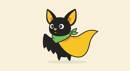 Vector Cartoon Bat with Yellow Cape and Green Scarf in Minimalist Style for Children's Design