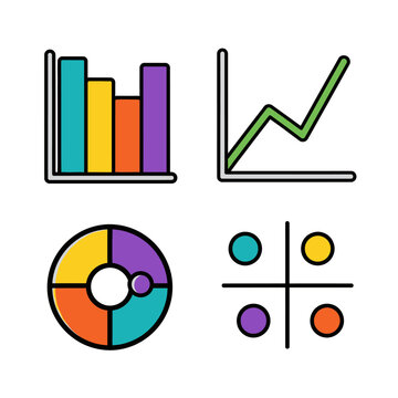 Vector Icon Set of Business Data Charts with Colorful Graph Elements in Modern Flat Style