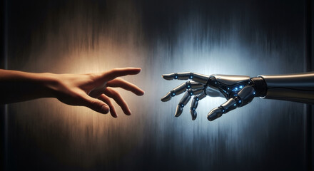 Symbolic connection between humanity and artificial intelligence, a human hand reaching for a robotic hand in a futuristic concept