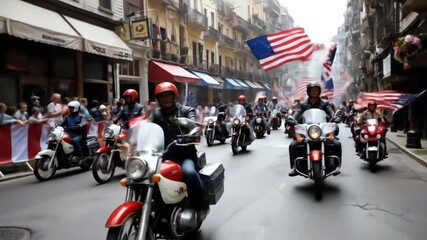 Patriotic Motorcycle Parade: American Flags Waving Through City Streets