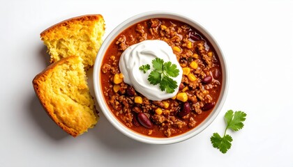 A bowl of chili con carne topped with sour cream and cilantro, accompanied by two pieces of cornbread on a white background.