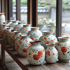 A row of decorative vases with orange floral designs sitting on a wooden shelf near a window pane