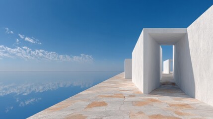 A Striking Visual Representation of Serenity with a White Wall Against a Bright Blue Sky and Water
