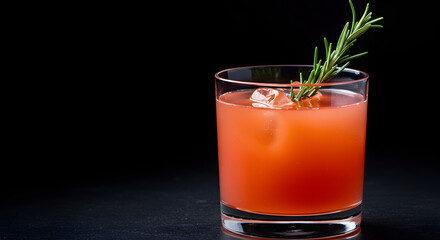 Elegant coral cocktail with rosemary sprig on deep black surface backdrop ambiance
