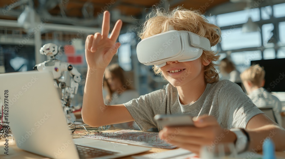 Poster elementary school student wearing vr headset and using smartphone while working on project in roboti