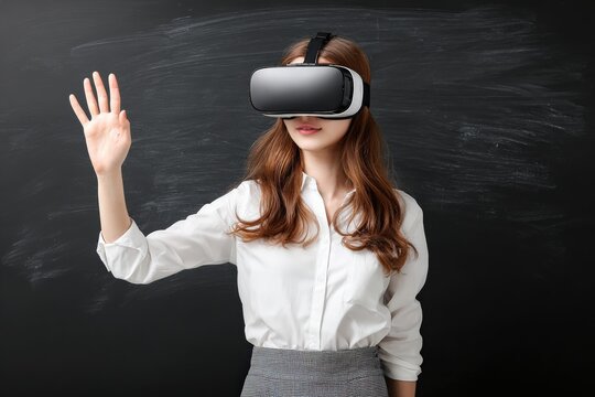 Asian teacher wearing virtual reality headset and interacting with virtual environment in front of blackboard - Powered by Adobe