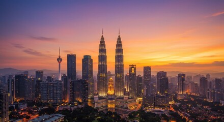 Obraz premium Majestic Kuala Lumpur Skyline at Sunrise: Breathtaking Panoramic View of Petronas Towers and Cityscape