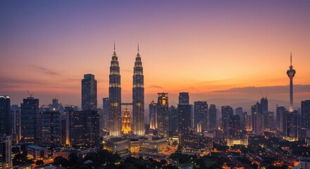 Obraz premium Majestic Kuala Lumpur Skyline at Sunrise: Petronas Towers and Cityscape Panorama