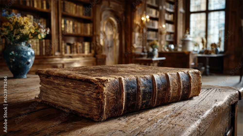 Poster vintage ledger with faint paper stain concept. an ancient book resting on a rustic wooden table in a