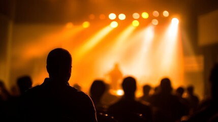 Speaker on stage with a blurred audience, illuminated by a warm spotlight in a conference hall.
