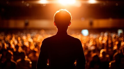 Speaker on stage with a blurred audience, illuminated by a warm spotlight in a conference hall.
