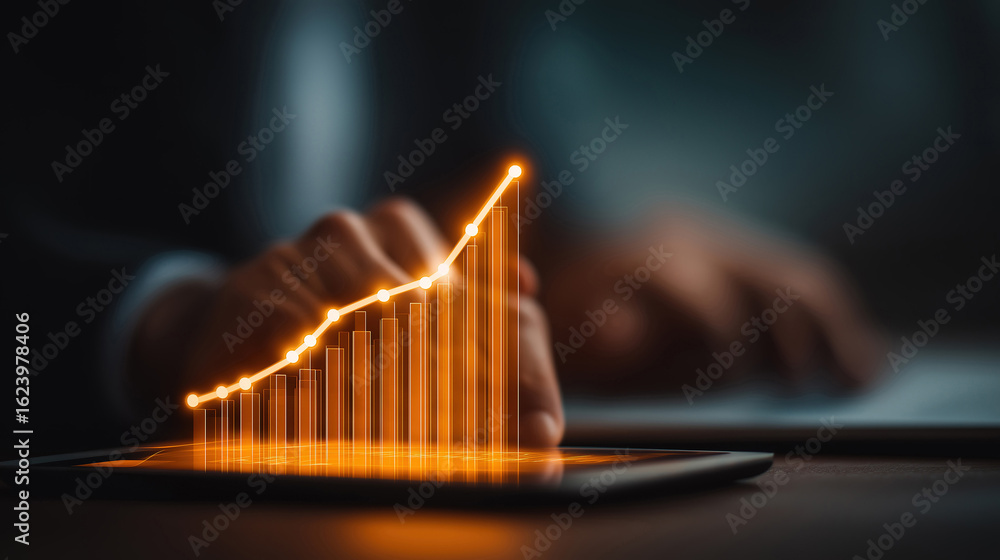 Poster future business development guided by financial data and growth chart on digital devices