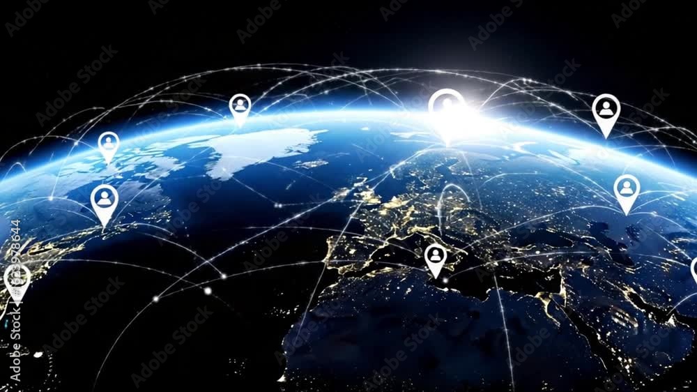 Poster earth globe with location pins and network lines connecting points across the planet surface view