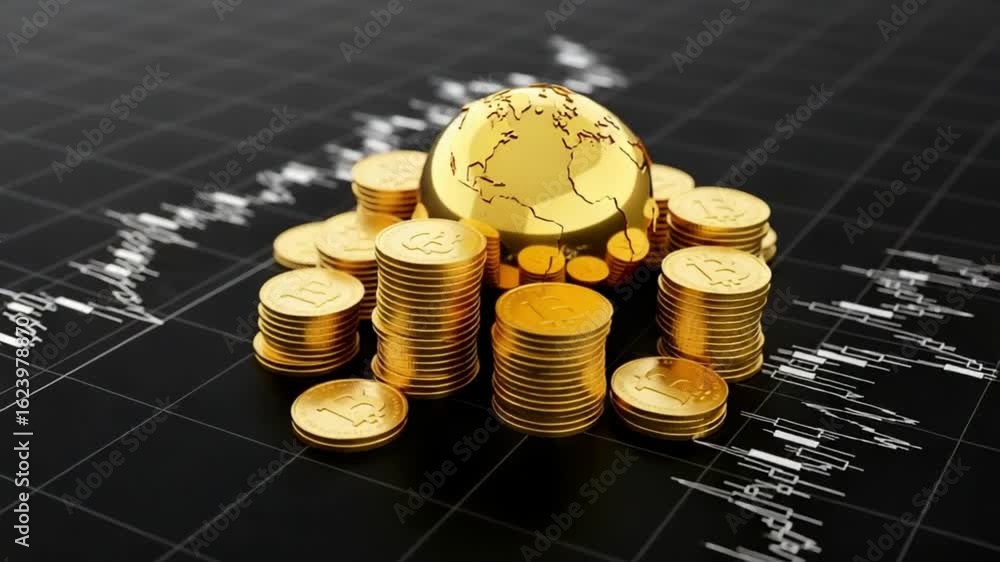 Poster a golden globe and stacks of golden coins on a black background with a white graph pattern