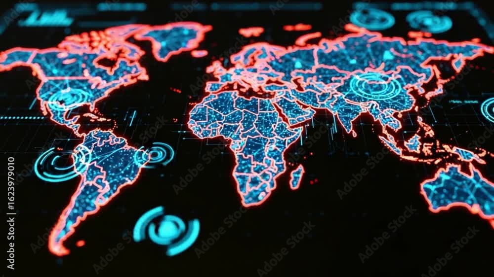 Poster Illuminated world map with blue continents and red borders on a black background display screen