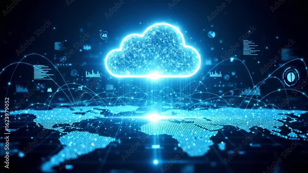 Poster a glowing cloud above a world map with connecting lines and digital data in a blue color scheme