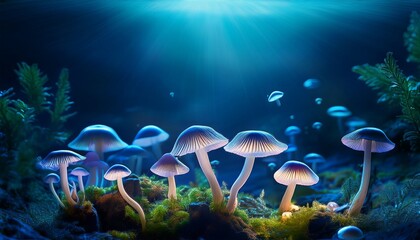 ethereal bioluminescent mushrooms underwater scene