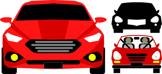 Three sedan cars from the front view.  Red car with two passengers wearing seat belts seen from the front view. Black car silhouette.