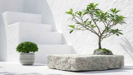 Fototapeta premium Minimalist stone podium with plant and stairs for product display and cosmetic presentation mockup