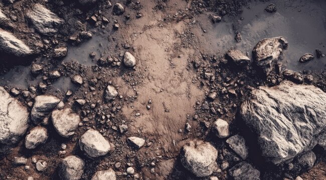 Overhead view of rocks and mud, wet patches