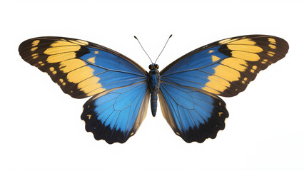 A vibrant blue and yellow butterfly with black markings, isolated on a pure white background.  The butterfly's wings are fully spread, showcasing its intricate details.