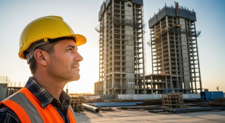 A determined construction worker stands with a focused gaze, set against the backdrop of rising skyscrapers, epitomizing the dedication of modern construction.