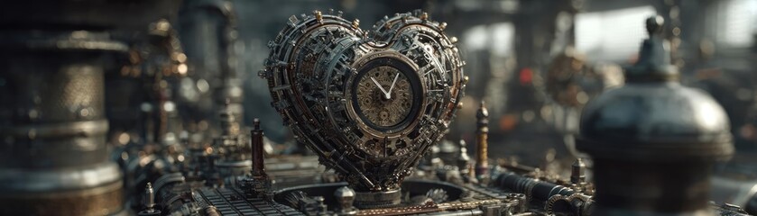 Fototapeta premium No rhythm with silent burnout concept. Intricate heart-shaped clock with steampunk design and details.