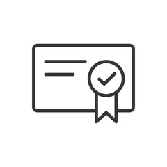 A line art icon of a checkmark on a certificate with a ribbon, symbolizing an official award, diploma, or certification.